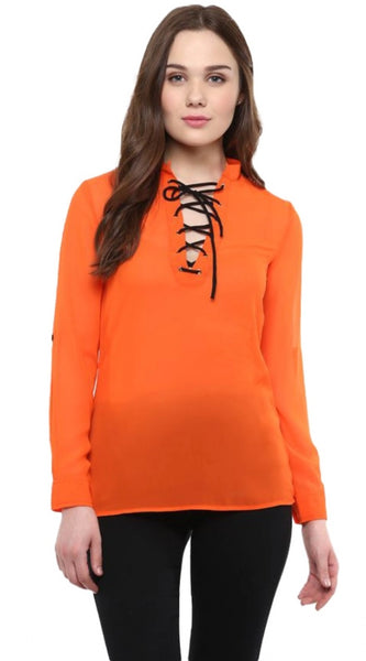 Mayawye Women's Polyester Solid Long Sleeves Regular Top (Orange)