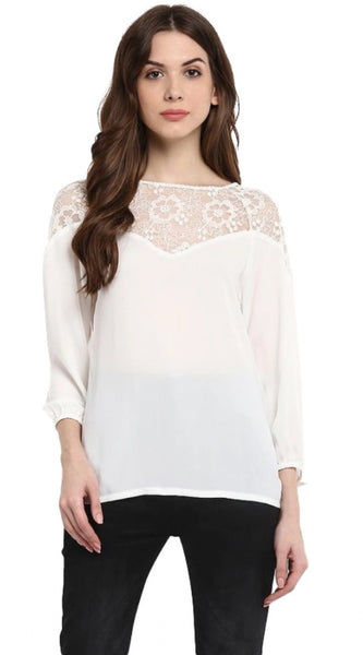 Mayawye Women's Polyester Georgette Self Design 3-4th Sleeves Regular Top (White)
