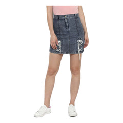 Mayawye Women's Denim Tie Up Buttoned Skirt (Blue)