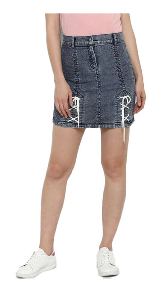 Mayawye Women's Denim Tie Up Buttoned Skirt (Blue)