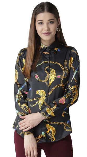 Mayawye Women's Satin Printed Long Sleeves Standard Length Shirt (Black - Gold)
