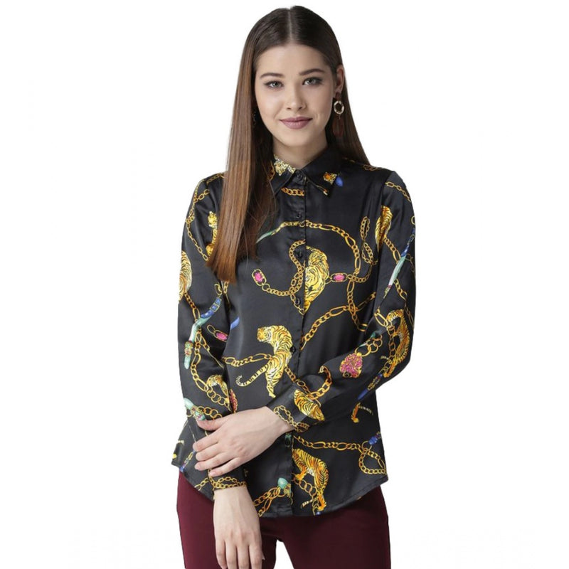 Mayawye Women's Satin Printed Long Sleeves Standard Length Shirt (Black - Gold)
