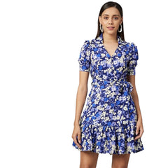 Mayawye Women's Polyester Floral Short Sleeve Above Knee Dress (Blue - Purple)