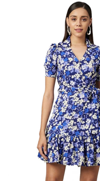 Mayawye Women's Polyester Floral Short Sleeve Above Knee Dress (Blue - Purple)