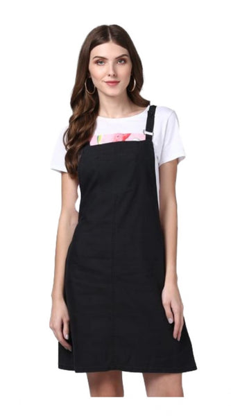 Mayawye Women's Denim Solid Shoulder Straps Above Knee Dungaree (Black)