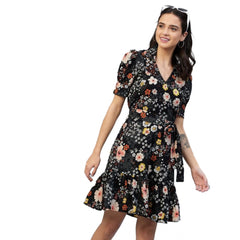 Mayawye Women's Polyester Floral Short Sleeve Above Knee Dress (Black)
