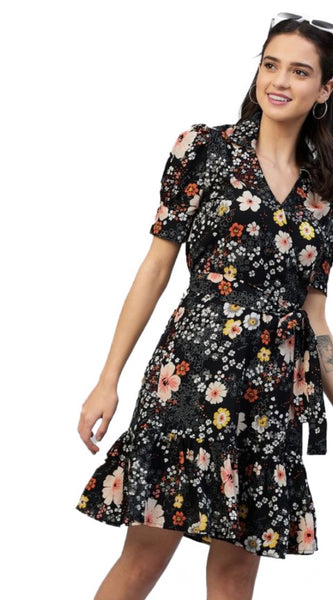 Mayawye Women's Polyester Floral Short Sleeve Above Knee Dress (Black)