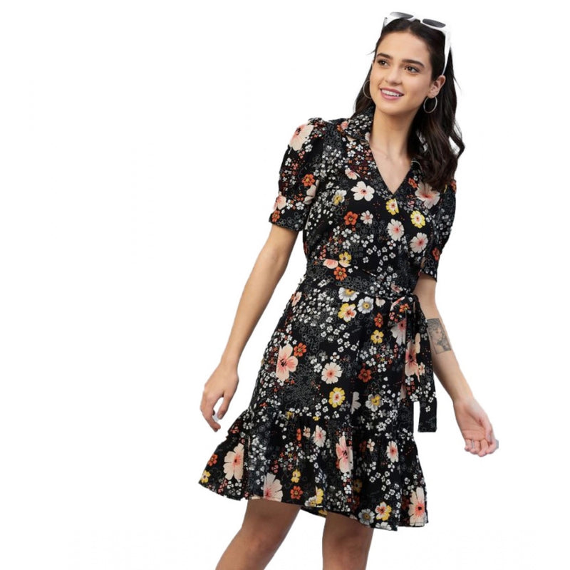 Mayawye Women's Polyester Floral Short Sleeve Above Knee Dress (Black)