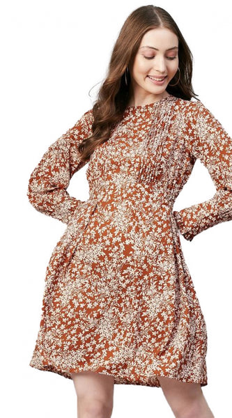 Mayawye Women's Polyester Floral Long Sleeves Above Knee Dress (Rust)