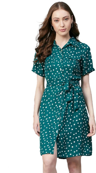 Mayawye Women's Polyester Polka Short Sleeve Above Knee Dress (Blue - White)