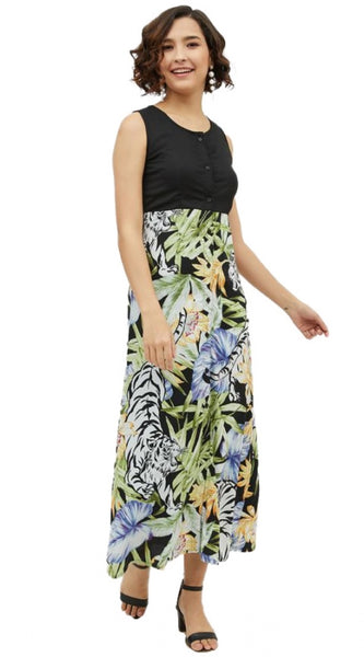 Mayawye Women's Rayon Floral Sleeveless Calf-length Dress (Multicolor)