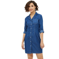 Mayawye Women's Denim Solid Long Sleeves Above Knee Dress (Blue)