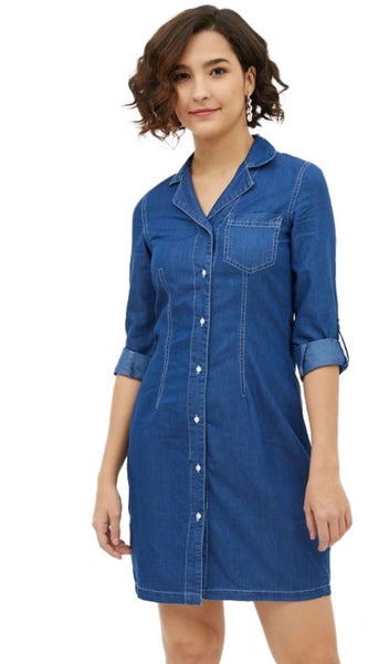 Mayawye Women's Denim Solid Long Sleeves Above Knee Dress (Blue)