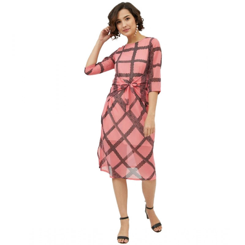Mayawye Women's Polyester Checkered 3-4th Sleeves Below Knee Dress (Pink)