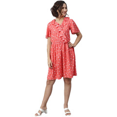 Mayawye Women's Polyester Polka Flutter Above Knee Dress (Coral)