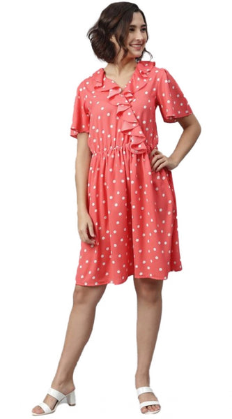 Mayawye Women's Polyester Polka Flutter Above Knee Dress (Coral)