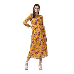 Mayawye Women's Polyester Floral Long Sleeves Calf-length Dress (Yellow)