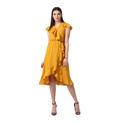 Mayawye Women's Polyester Ruffled Cap Sleeve Knee-Length Dress (Yellow)