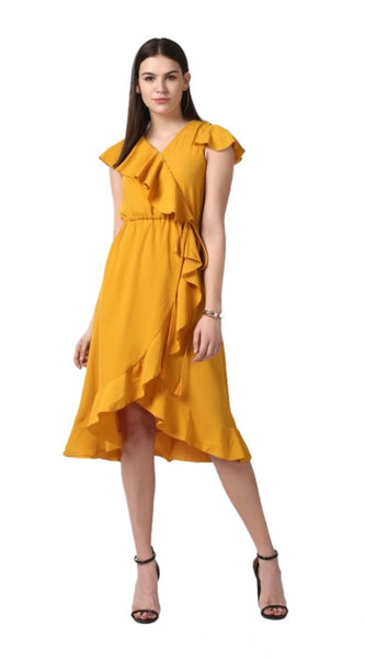 Mayawye Women's Polyester Ruffled Cap Sleeve Knee-Length Dress (Yellow)