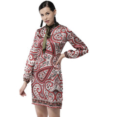 Mayawye Women's Polyester Printed Long Sleeves Above Knee Dress (Red)