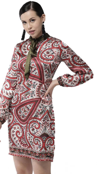 Mayawye Women's Polyester Printed Long Sleeves Above Knee Dress (Red)