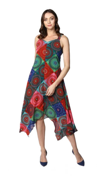 Mayawye Women's Polyester Asymmetrical Shoulder Straps Knee-Length Dress (Multicolor)