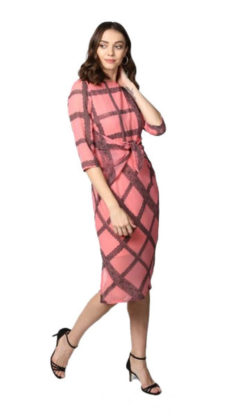 Mayawye Women's Polyester Checkered 3-4th Sleeves Below Knee Dress (Pink - Black)