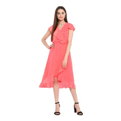 Mayawye Women's Polyester Ruffled Cap Sleeve Below Knee Dress (Coral Pink)