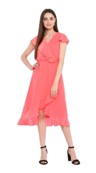Mayawye Women's Polyester Ruffled Cap Sleeve Below Knee Dress (Coral Pink)