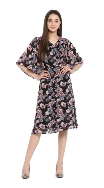 Mayawye Women's Polyester Floral Short Sleeve Knee-Length Dress (Black - Multicolor)