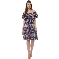 Mayawye Women's Polyester Crepe Floral Half Sleeve Above Knee Dress (Navy Blue)