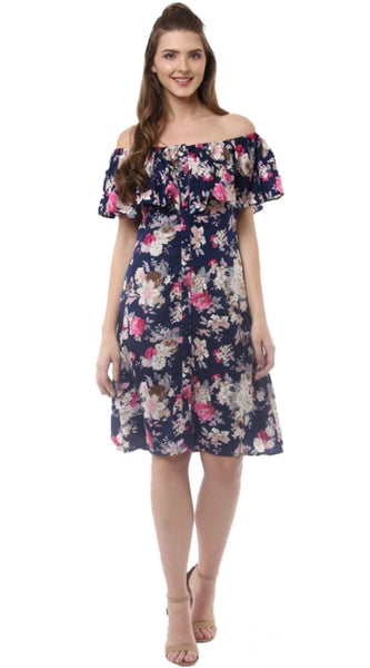 Mayawye Women's Polyester Crepe Floral Half Sleeve Above Knee Dress (Navy Blue)