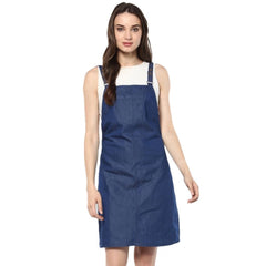 Mayawye Women's Denim Solid Shoulder Straps Above Knee Dress (Blue)