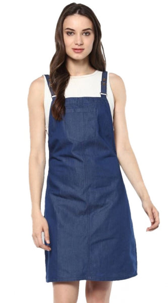 Mayawye Women's Denim Solid Shoulder Straps Above Knee Dress (Blue)