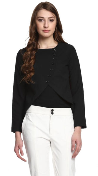 Mayawye Women's Polyester Diagonal Cut Long Sleeves Blazer (Black)