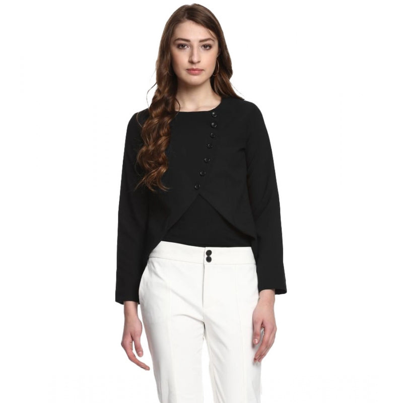 Mayawye Women's Polyester Diagonal Cut Long Sleeves Blazer (Black)