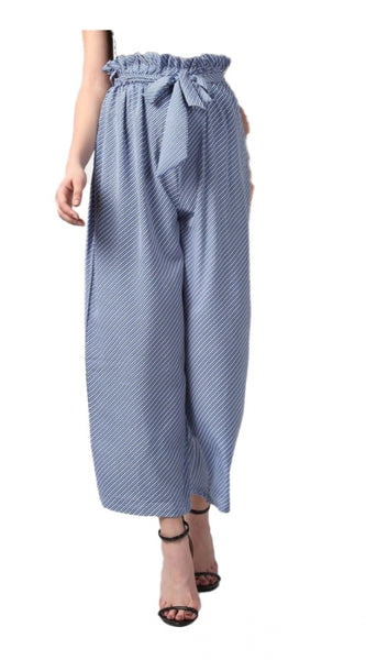 Mayawye Women's Polyester Striped Elasticated Trousers (Blue)