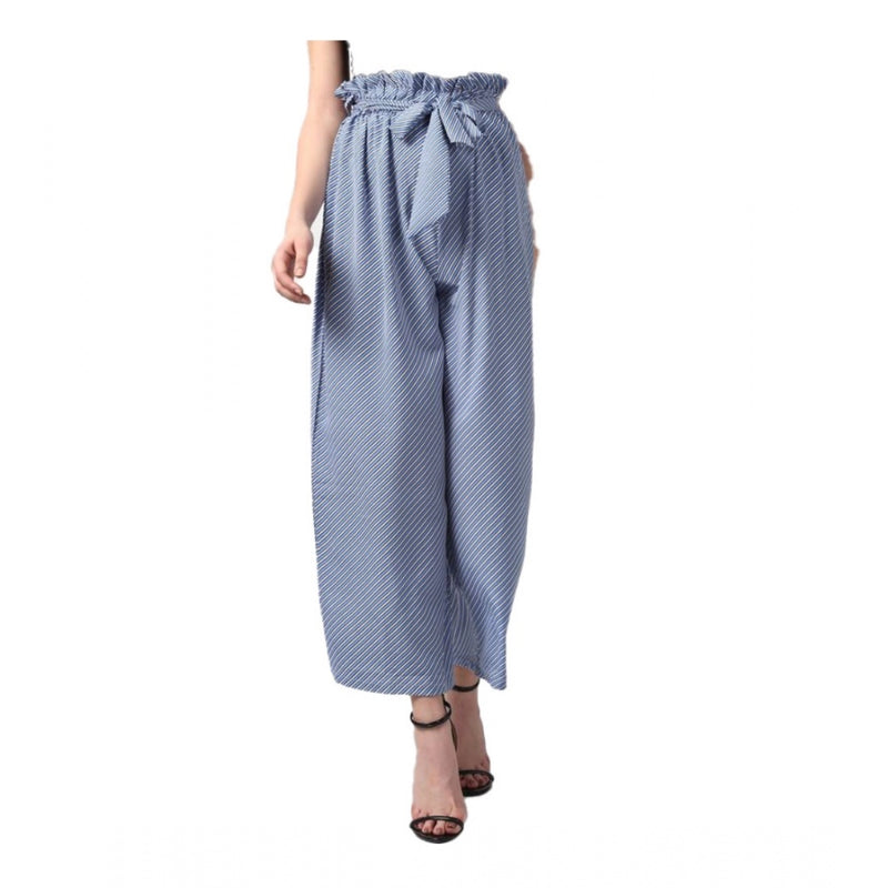 Mayawye Women's Polyester Striped Elasticated Trousers (Blue)