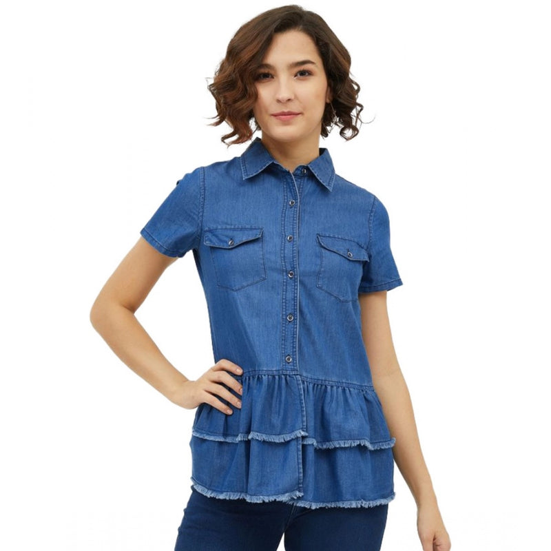 Mayawye Women's Denim Peplum Short Sleeve Top (Blue)