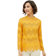 Mayawye Women's Cotton Lace Inserts Long Sleeves Top (Yellow)