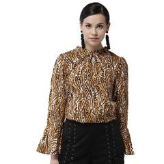 Mayawye Women's Polyester Printed Bell Sleeve Top (Orange - Black)