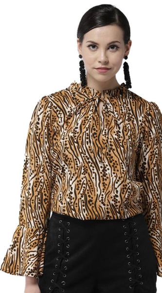 Mayawye Women's Polyester Printed Bell Sleeve Top (Orange - Black)