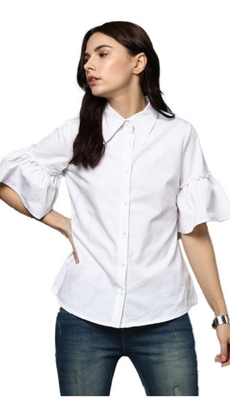 Mayawye Women's Cotton Solid Bell Sleeve Top (White)