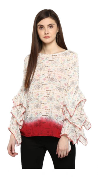 Mayawye Women's Rayon Crepe Printed Ruffle Sleeve Top (Off White - Red)