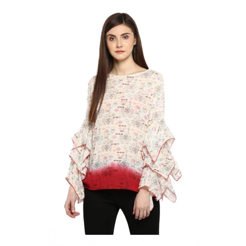Mayawye Women's Rayon Crepe Printed Ruffle Sleeve Top (Off White - Red)