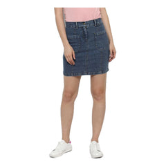 Mayawye Women's Denim Front Pocket Buttoned Skirt (Blue)