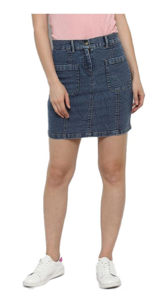 Mayawye Women's Denim Front Pocket Buttoned Skirt (Blue)