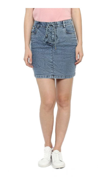 Mayawye Women's Denim Draw String Buttoned Skirt (Blue)