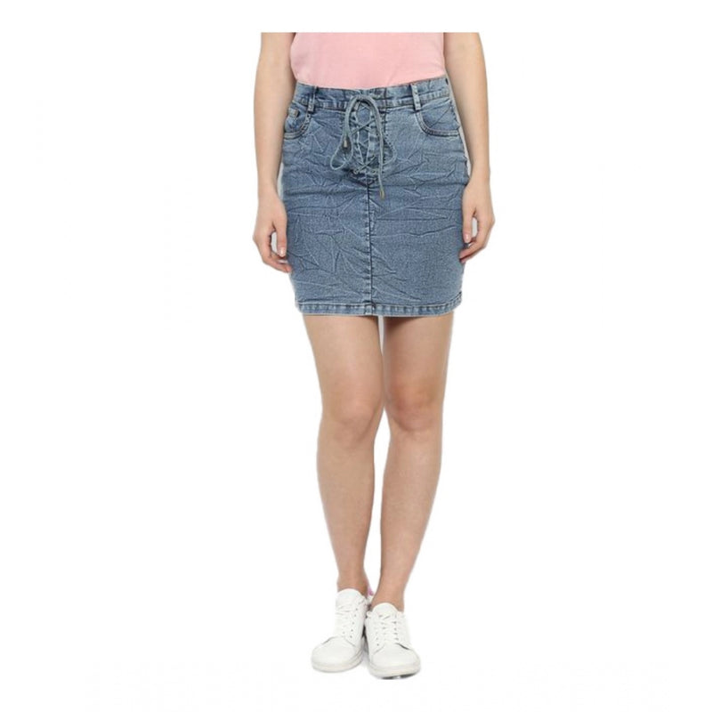 Mayawye Women's Denim Draw String Buttoned Skirt (Blue)