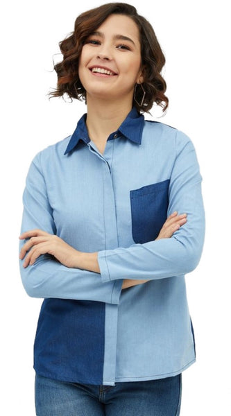 Mayawye Women's Denim Patch Work Long Sleeves Standard Length Shirt (Blue)